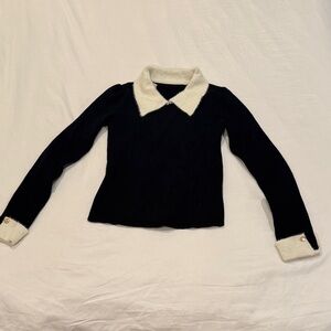 Black Knit Sweater with Cream Contrast Collar and Cuffs